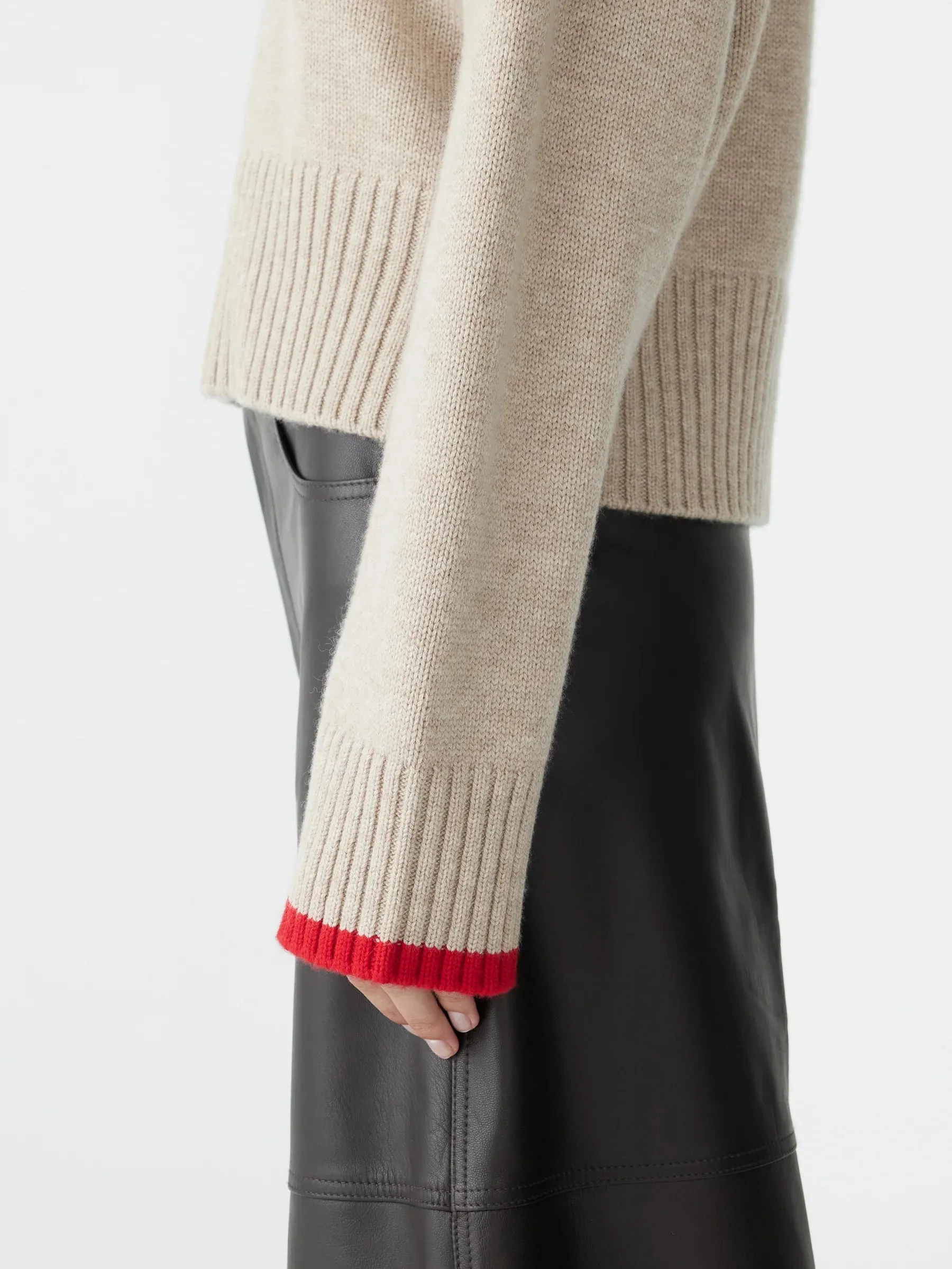 Bassike High V Contrast Neck Knit in Oatmeal and Red