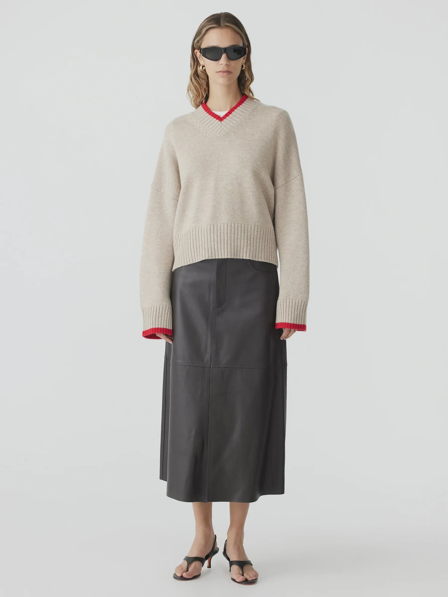 Bassike High V Contrast Neck Knit in Oatmeal and Red