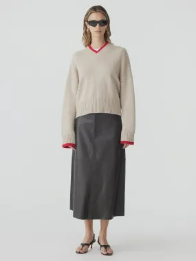 Bassike High V Contrast Neck Knit in Oatmeal and Red