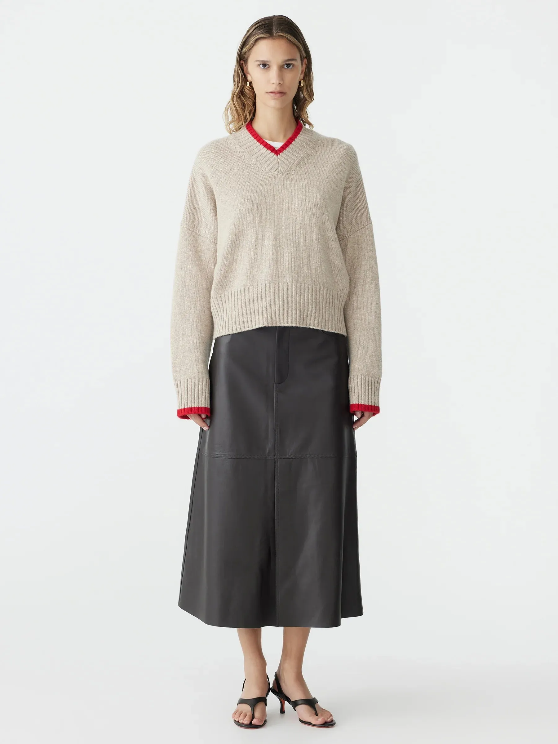 Bassike High V Contrast Neck Knit in Oatmeal and Red