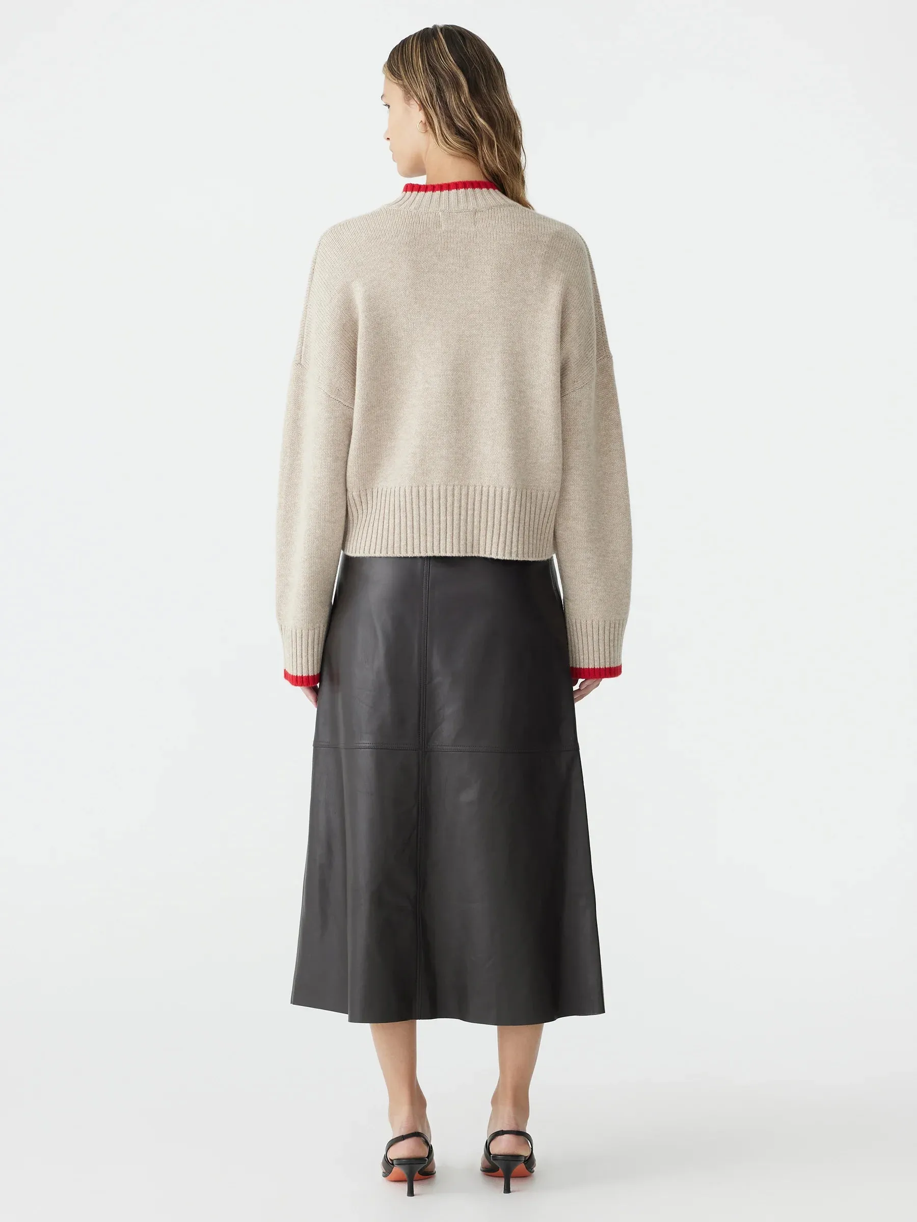Bassike High V Contrast Neck Knit in Oatmeal and Red