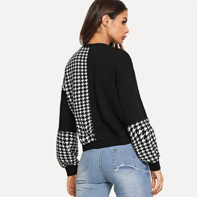 Black And White Colorblock Casual Pullover
