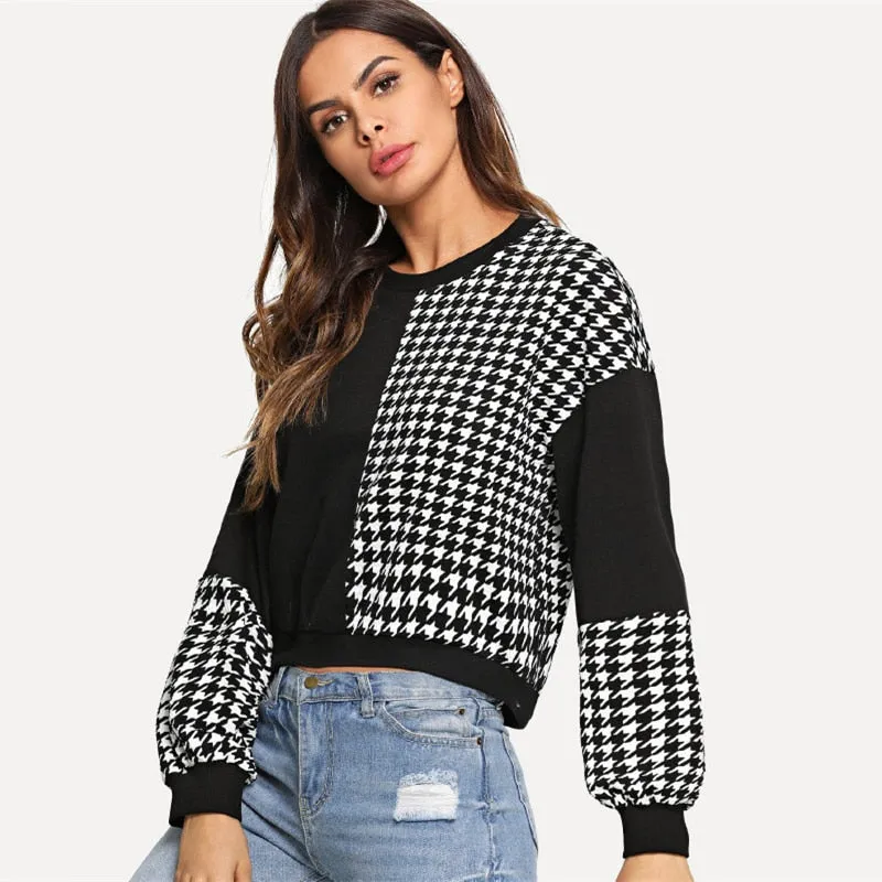 Black And White Colorblock Casual Pullover