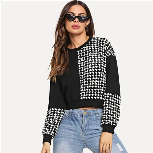 Black And White Colorblock Casual Pullover