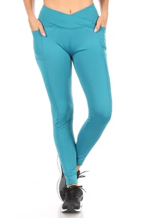 Crossover Waist Tummy Control Sculpting Sport Leggings With Pockets - Teal