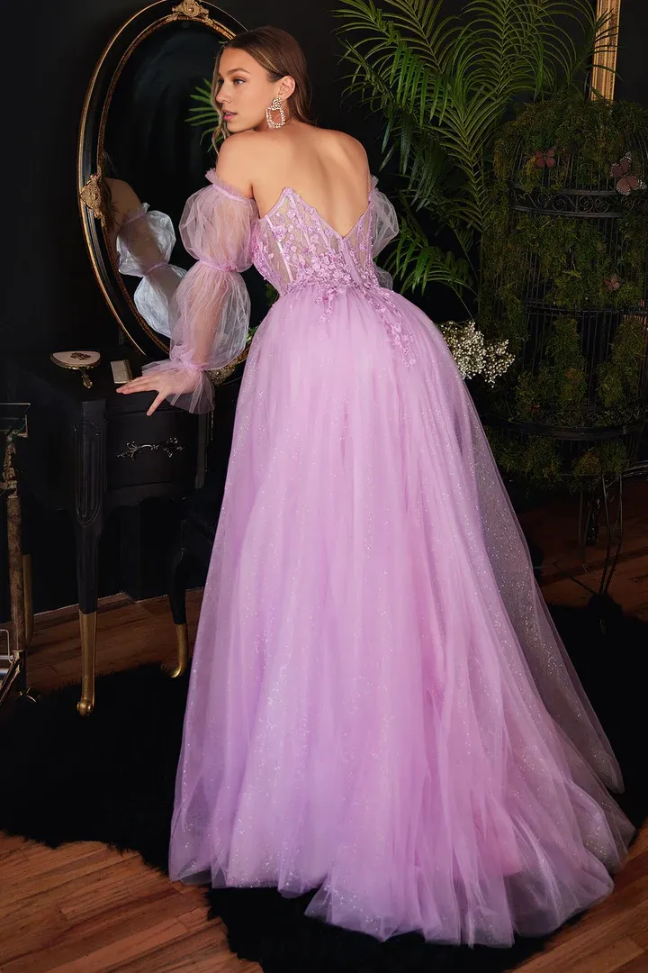Elegant Formal Dresses Floral Applique Puff Sleeve Dresses Gowns Evening Dresses