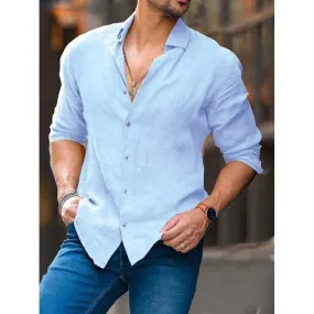 Foesce -New Autumn Men's Shirt Casual Full Sleeve Button Streetwear Lapel Solid Color Linen Shirts For Male Vintage Blouse Tops