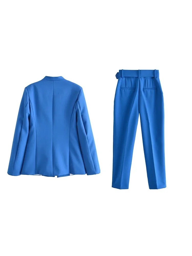 hulianfu  Women Fashion Two Pieces Sets Office Wear Blazers Coat And With Belt High Waist Pants Female