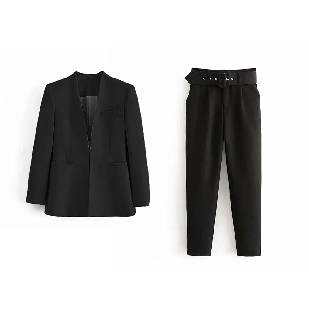 hulianfu  Women Fashion Two Pieces Sets Office Wear Blazers Coat And With Belt High Waist Pants Female