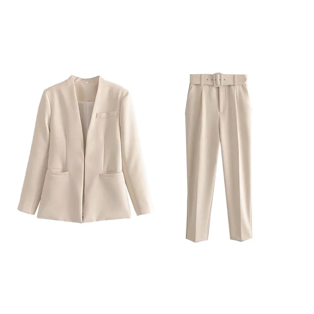 hulianfu  Women Fashion Two Pieces Sets Office Wear Blazers Coat And With Belt High Waist Pants Female
