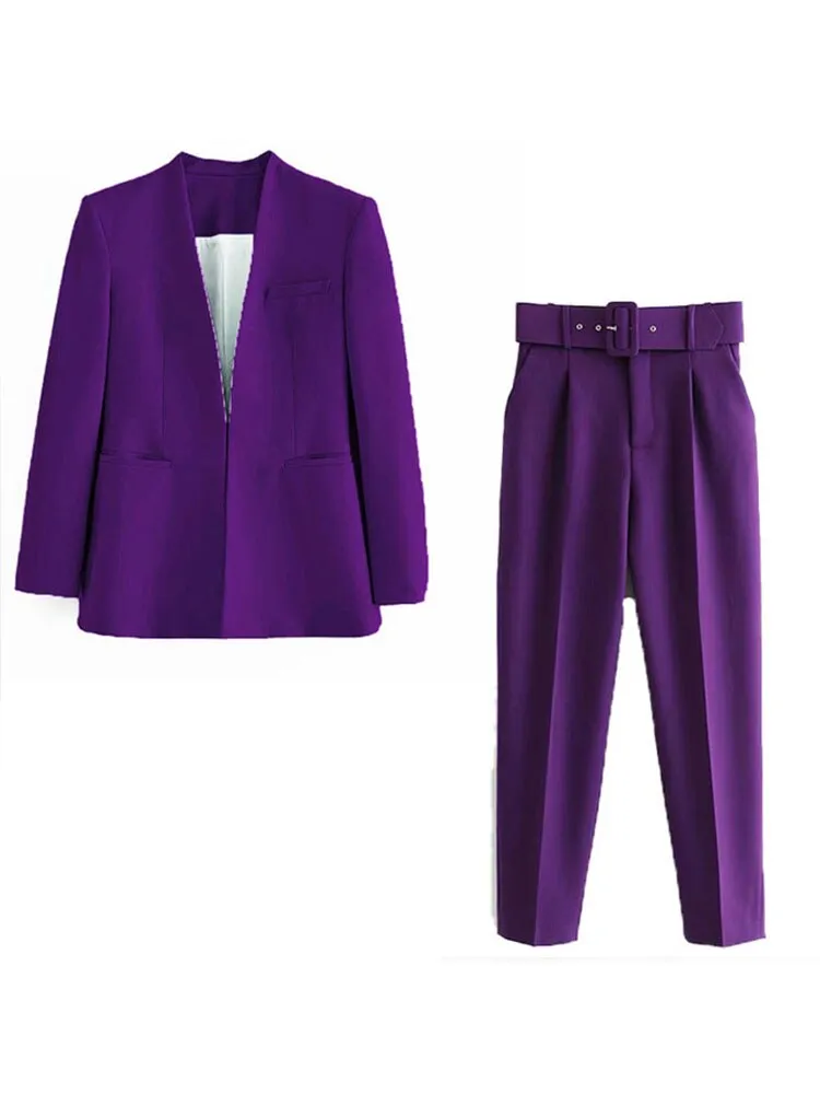 hulianfu  Women Fashion Two Pieces Sets Office Wear Blazers Coat And With Belt High Waist Pants Female