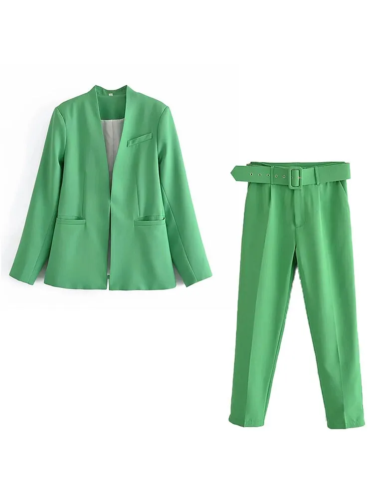 hulianfu  Women Fashion Two Pieces Sets Office Wear Blazers Coat And With Belt High Waist Pants Female