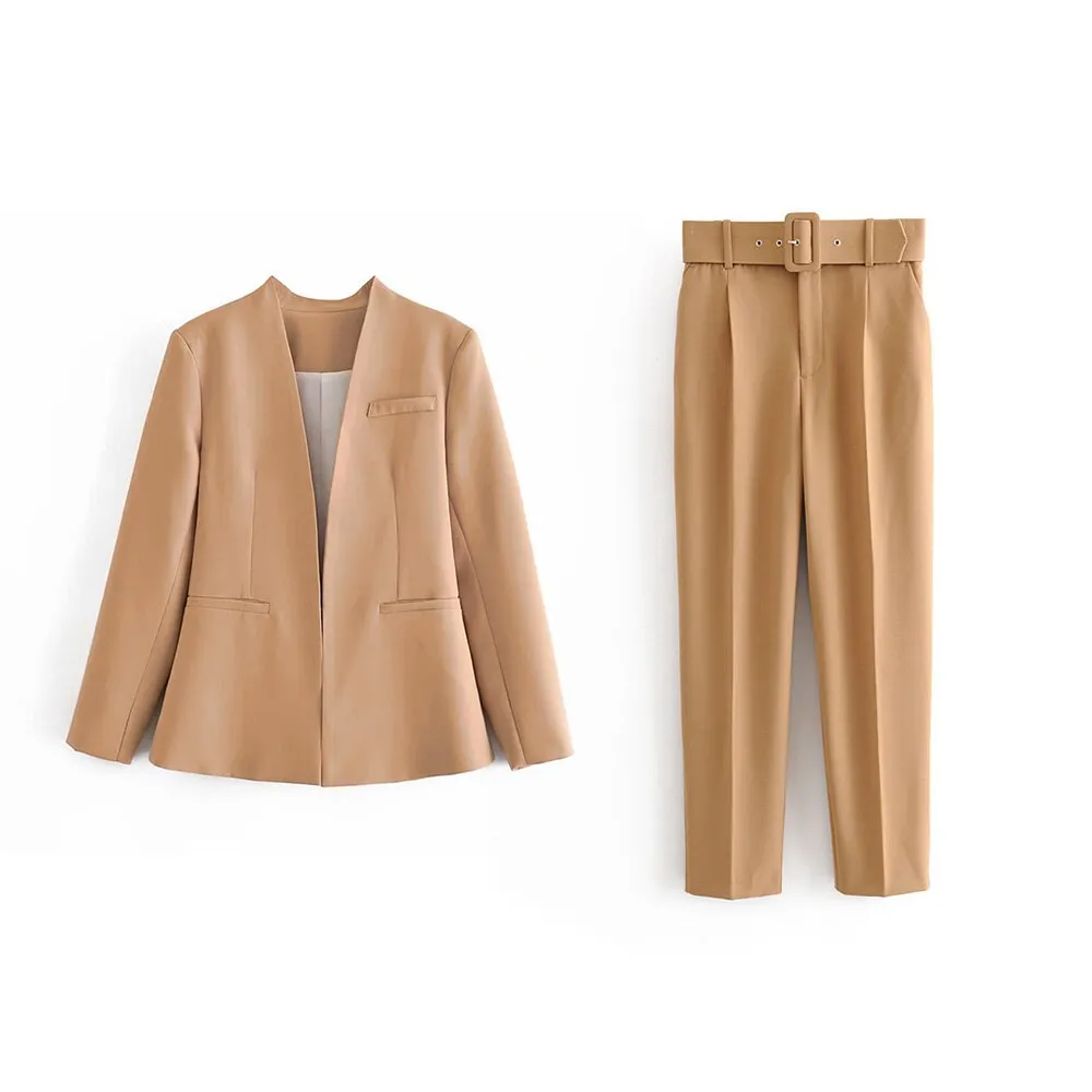 hulianfu  Women Fashion Two Pieces Sets Office Wear Blazers Coat And With Belt High Waist Pants Female