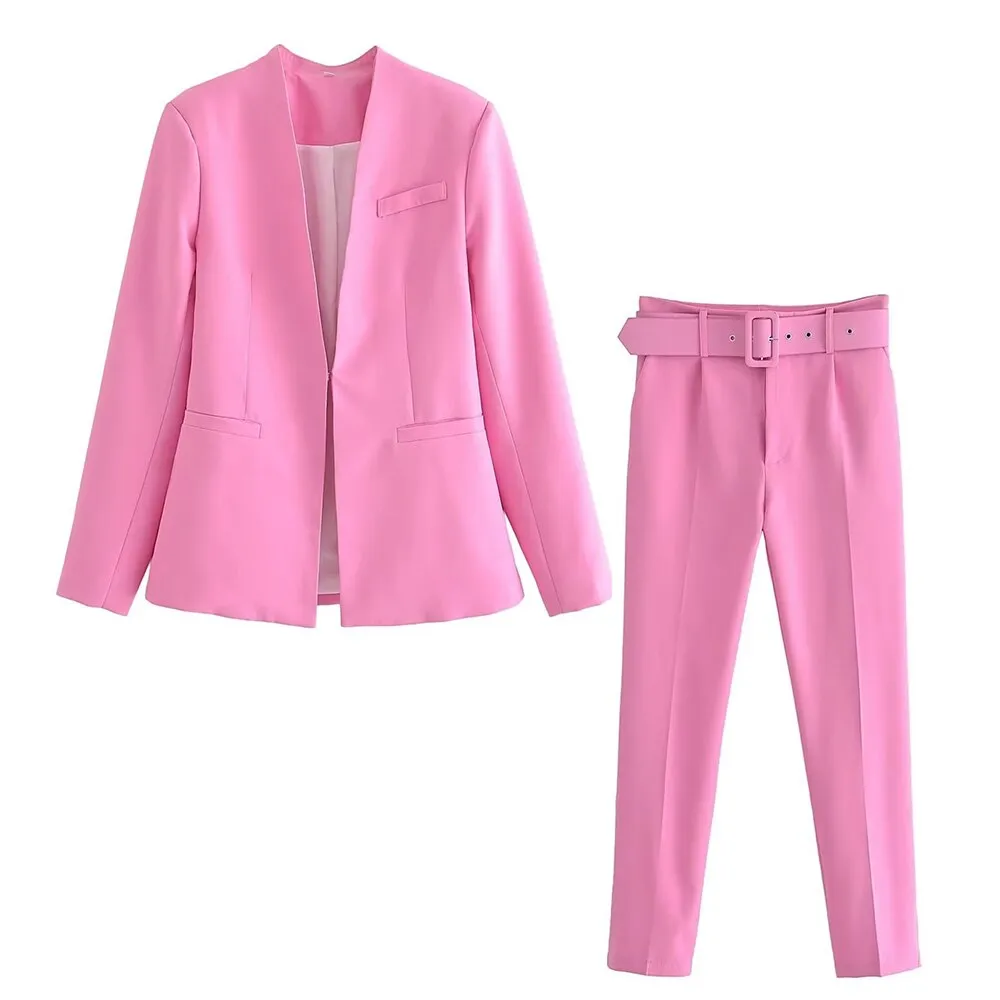 hulianfu  Women Fashion Two Pieces Sets Office Wear Blazers Coat And With Belt High Waist Pants Female