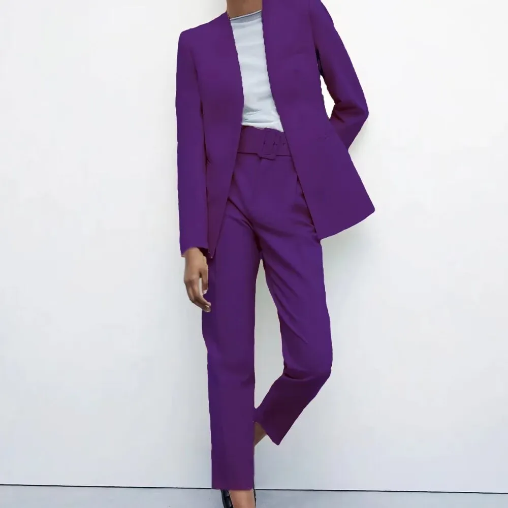 hulianfu  Women Fashion Two Pieces Sets Office Wear Blazers Coat And With Belt High Waist Pants Female