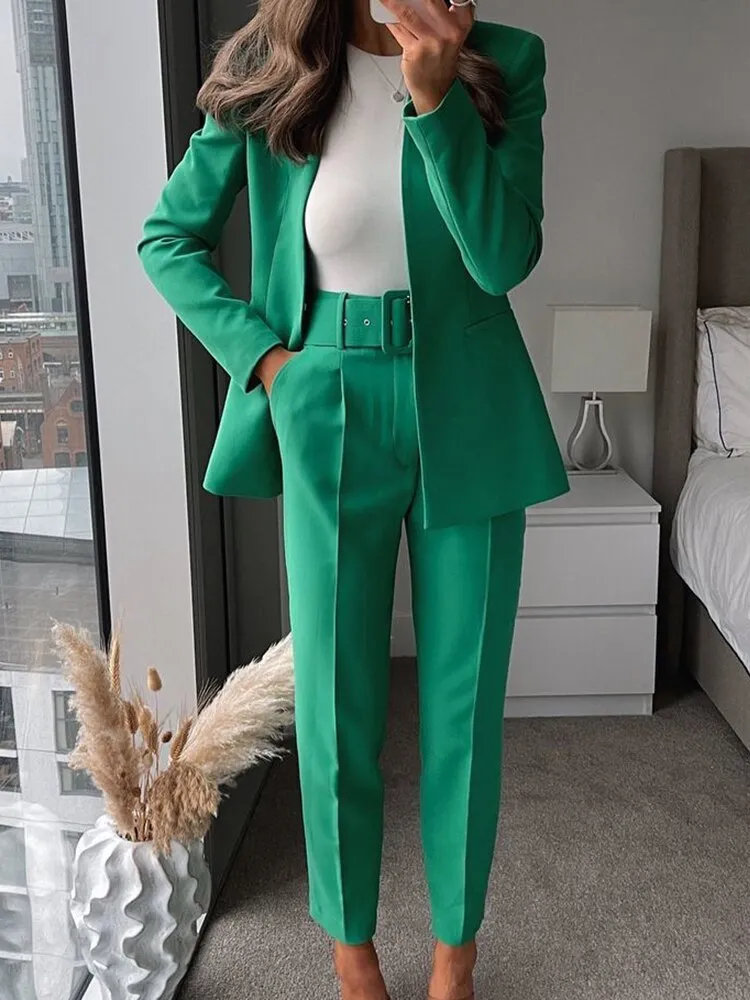 hulianfu  Women Fashion Two Pieces Sets Office Wear Blazers Coat And With Belt High Waist Pants Female
