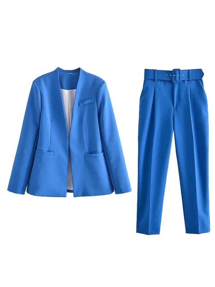hulianfu  Women Fashion Two Pieces Sets Office Wear Blazers Coat And With Belt High Waist Pants Female