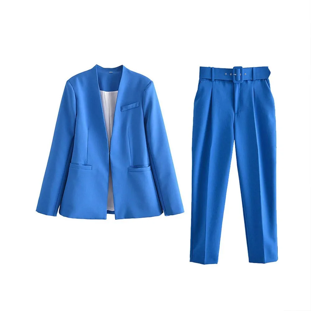 hulianfu  Women Fashion Two Pieces Sets Office Wear Blazers Coat And With Belt High Waist Pants Female