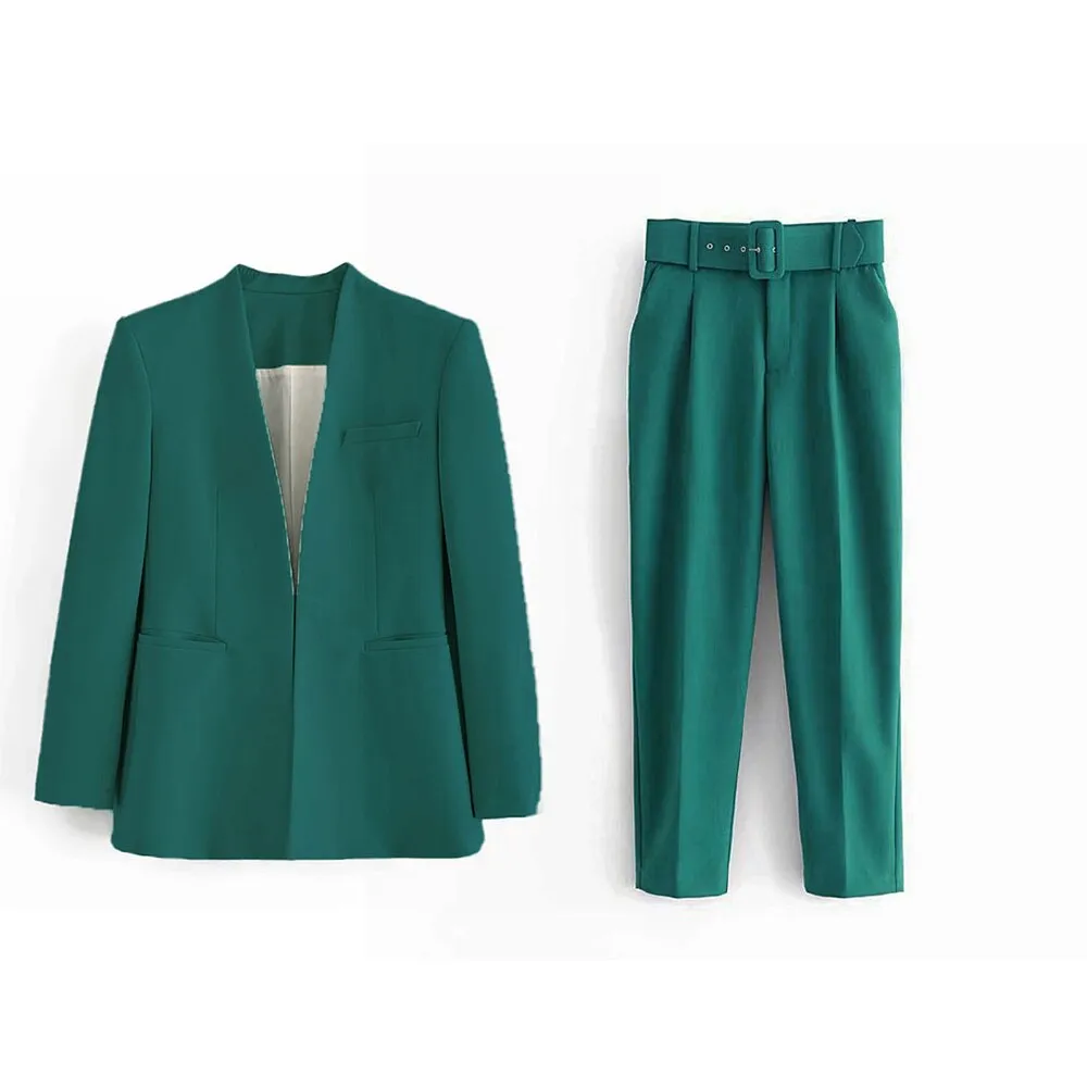 hulianfu  Women Fashion Two Pieces Sets Office Wear Blazers Coat And With Belt High Waist Pants Female