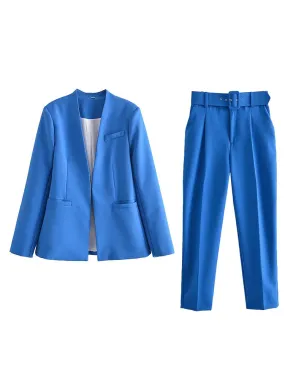 hulianfu  Women Fashion Two Pieces Sets Office Wear Blazers Coat And With Belt High Waist Pants Female