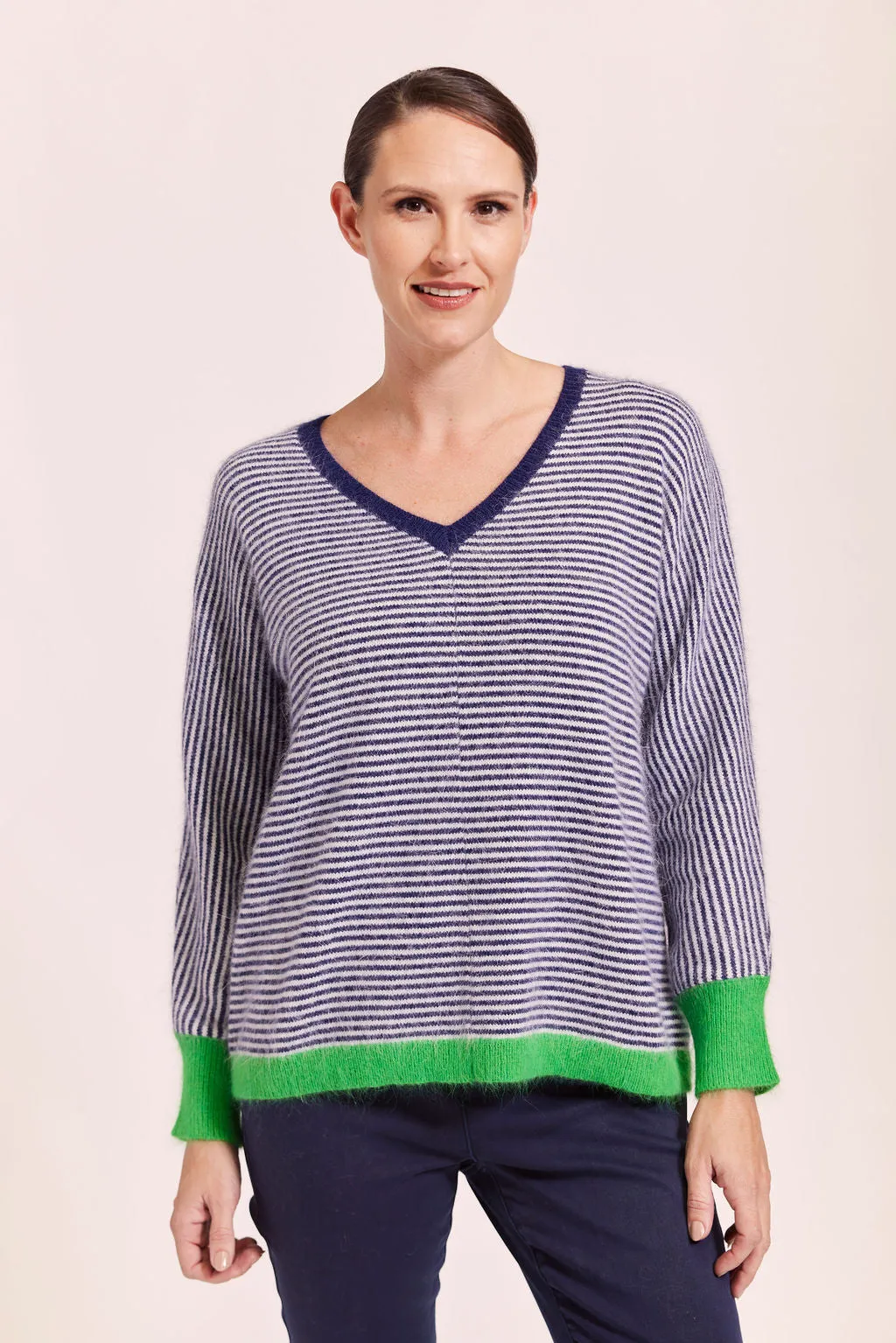 V Neck Angora Stripe - Navy
