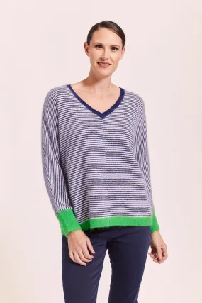 V Neck Angora Stripe - Navy