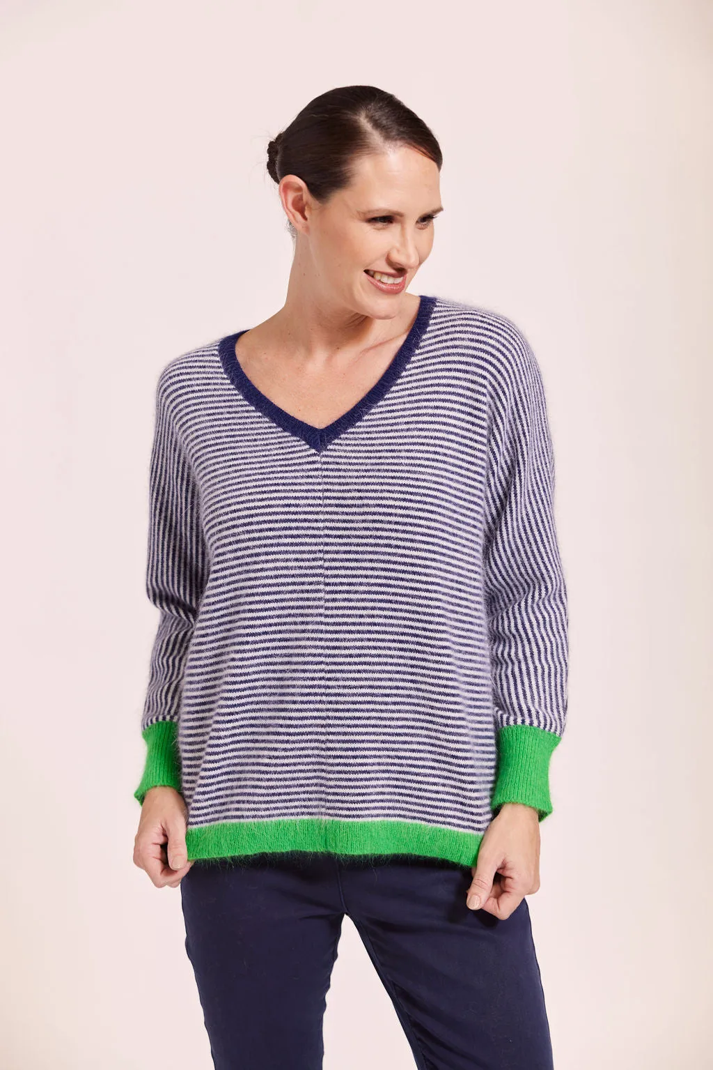 V Neck Angora Stripe - Navy